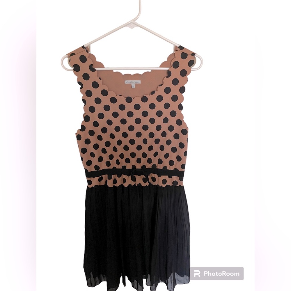 Charlotte Russe Large Polka Dot Dress with Pleated Bow Waist & Scallop Neckline